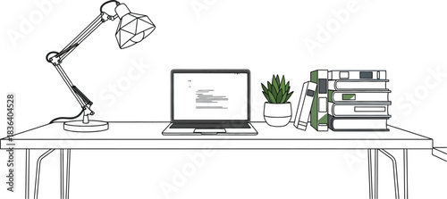 Desk with laptop books and lamp in a bright minimalist office illustration
