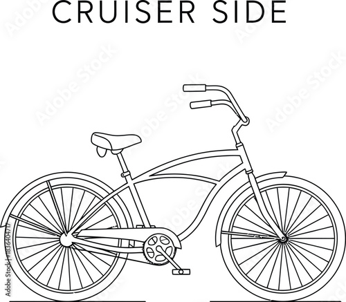 Minimalist line drawing of a classic beach cruiser bicycle on a white background