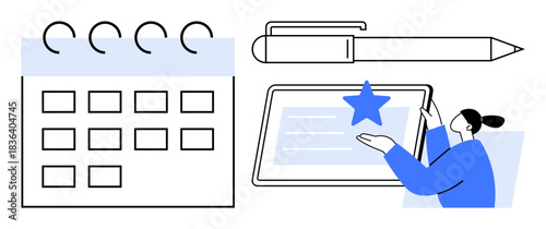 Project planning, digital scheduling, time management, task prioritization, content creation, online education. Calendar, pen tablet and person interacting with star icon. Digital scheduling