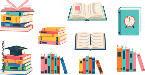 PrintColorful vector collection of stacked and open books with educational elements, perfect for school, learning, library, and academic design projects.