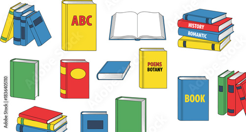 Colorful vector illustration of assorted books including stacks, open pages, textbooks, and reading materials for educational and literary design projects.
