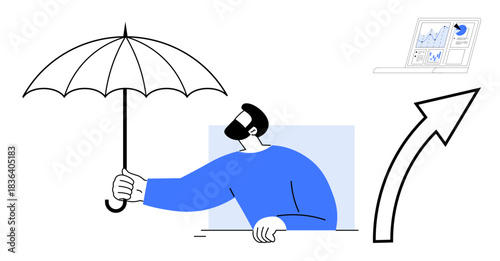 Business protection, risk management, financial security, growth strategies, analytics, data-driven decisions. Man holding umbrella, upward arrow laptop with analytics. Business protection and risk