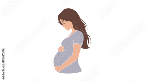 Illustration of a pregnant woman in a purple dress holding her belly with her hands.