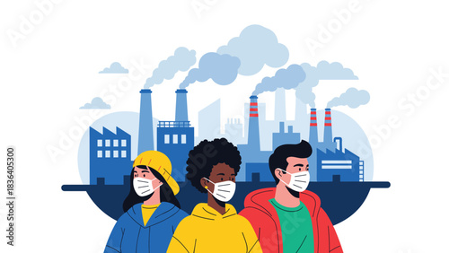 Diverse group of people wearing face masks in front of polluting factories.