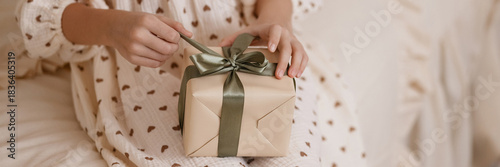 Caucasian young girls hands, about 6, in white dress with small prints, untying ribbon on gift box while sitting on beige bed in cozy room. Concepts: holiday, childhood, gift.