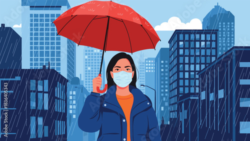 A person wearing a mask holds a red umbrella while walking in the rain among city buildings.