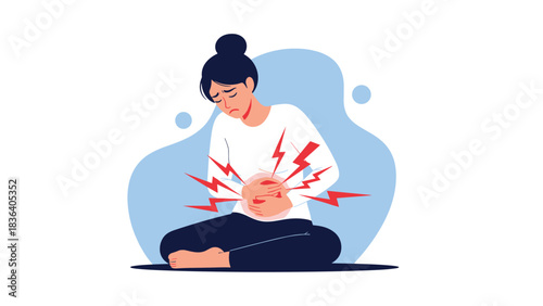 Woman holding her stomach in pain with red lightning bolts radiating from her abdomen.