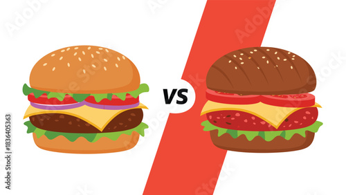 Two illustrated burgers, one with lettuce, tomato, onion, and cheese, compared with a different burger, presented in a vs graphic.
