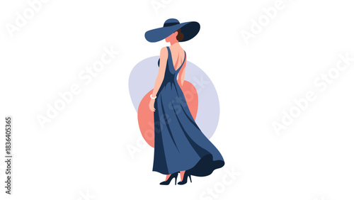 Elegant woman in a blue dress and wide-brimmed hat posing against abstract shapes.