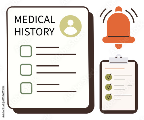 Medical history file, checklist with green ticks, red alert bell. Ideal for healthcare, patient care, reminders, medical alerts, organization, health tracking simple flat metaphor