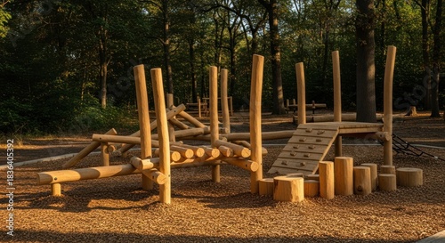 Wooden playground equipment surrounded by trees, creating a natural and fun outdoor space