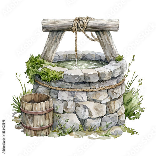 Rustic stone water well with wooden bucket, watercolor vector
