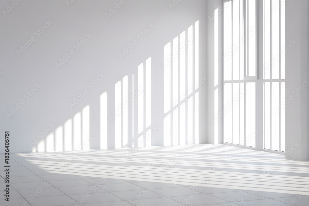 Fototapeta premium Minimalist white interior room with strong natural lighting, large window casting geometric shadows on light tiles, creating a clean, modern aesthetic.