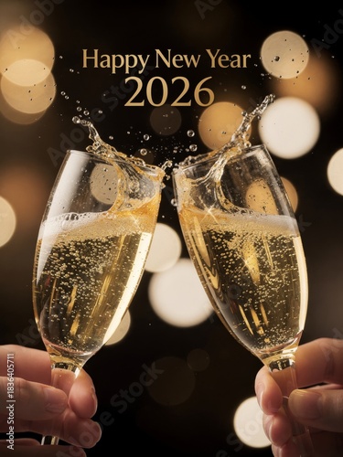 Two champagne glasses clink together in celebration, with a festive 