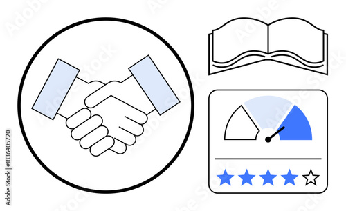 Business concept. Icons trust through handshake, knowledge with an open book, and performance measurement via ratings. Perfect for of professionalism, trust, standards, and reviews in corporate or