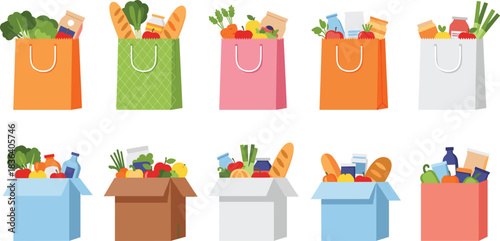 Colorful vector illustration set of grocery bags and boxes filled with fresh food, vegetables, and essentials, perfect for shopping and delivery themes.