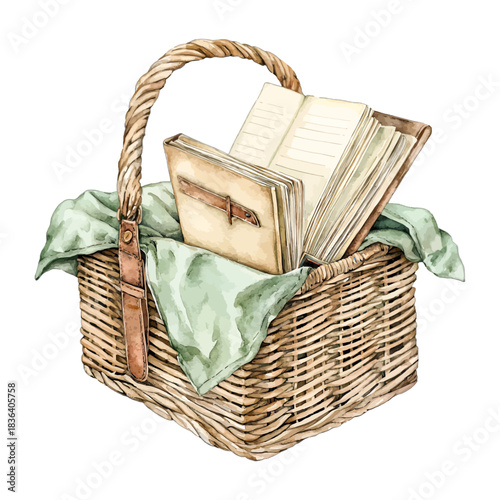Wicker picnic basket with vintage books and green cloth, vector
