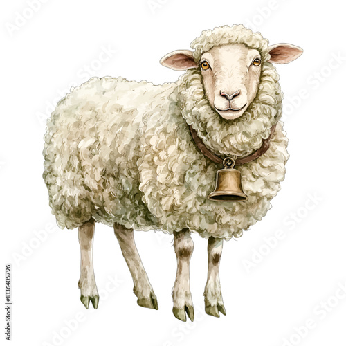 White fluffy sheep with bell, farm animal vector illustration
