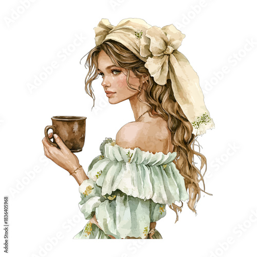 Vintage woman in bonnet holding coffee cup, watercolor vector
