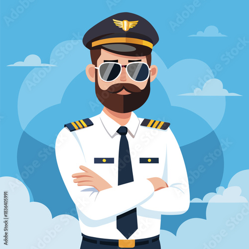 Confident bearded pilot with crossed arms wearing sunglasses poses before a cloudy blue sky