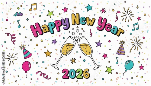 Wallpaper Mural A festive illustration celebrating New Year 2026 with colorful balloons, sparkling stars, party hats, and clinking champagne glasses. Torontodigital.ca