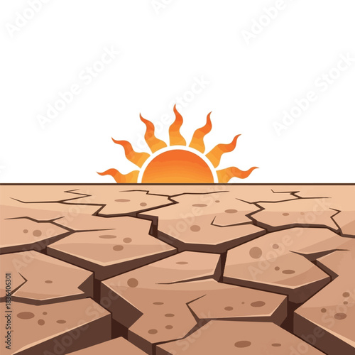 A cartoon illustration of a cracked dry earth surface under a hot sun, symbolizing drought and desertification.