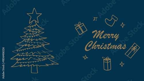Hand drawn style illustration of Christmas Card. with decorated pine tree and presents