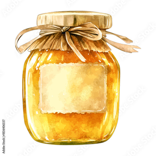 Watercolor Honey Jar with Ribbon and Blank Label Vector
