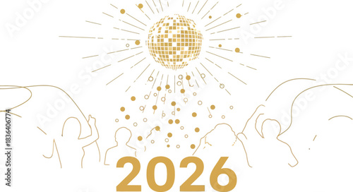 Silhouetted crowd celebrates new year 2026 under a sparkling disco ball design
