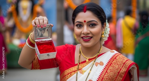 Bengali Woman Holding Sindoor Box, Celebrating Durga Puja Festival