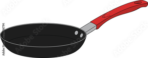 Detailed vector illustration of a black frying pan with red handle, ideal for kitchen, cooking, and culinary design projects.