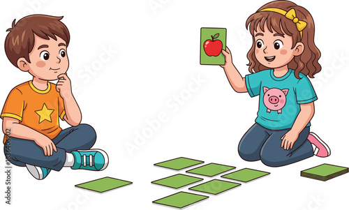 Cute vector illustration of two children learning with flashcards, playing an educational matching game featuring pictures and vocabulary words.