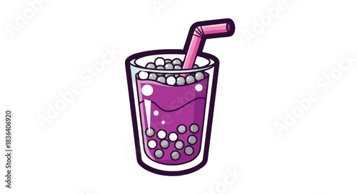 Refreshing Purple Bubble Tea Drink with Straw and Tapioca Pearls.
