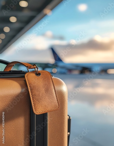 Suitcase with tag at airport terminal with airplane in background.