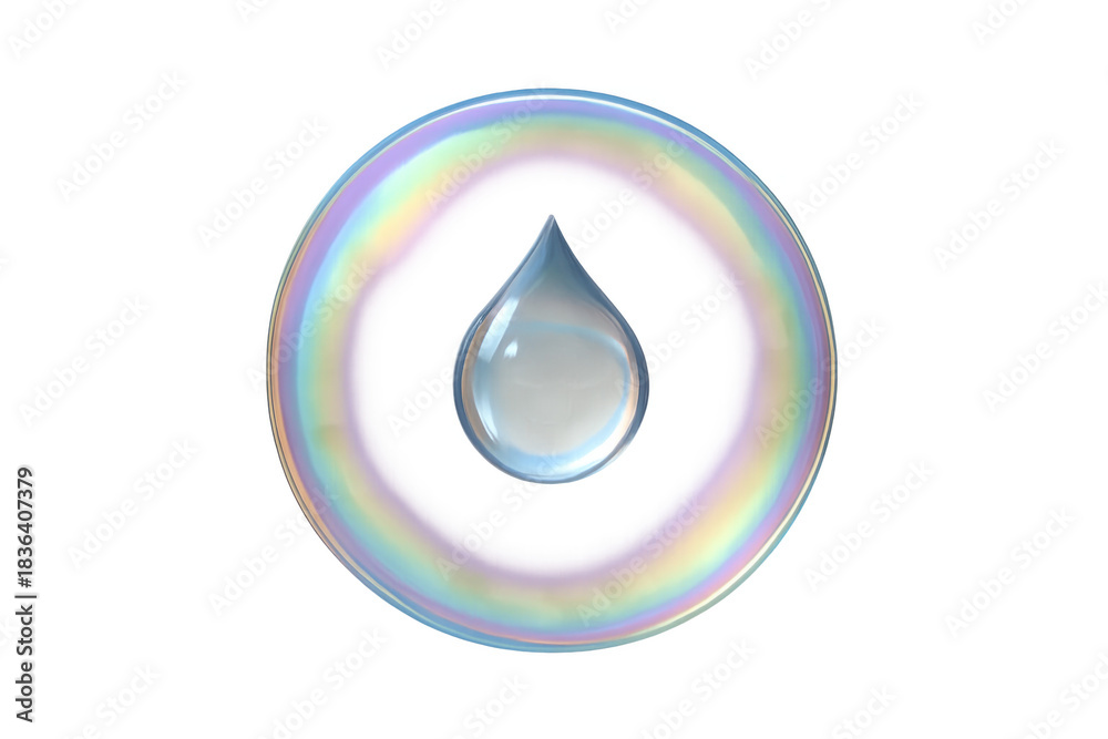 Fototapeta premium Water drop inside iridescent bubble ring, symbolizing purity, hydration, and ecological balance on transparent background