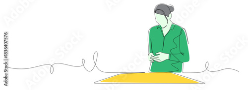 Continuous line art of a female boss analyzing a job on paper. Vector illustration with beautiful colors.