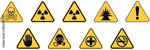 Warning signs vector set, including toxic, flammable, industrial danger icons, black on yellow triangle, ideal for workplace safety, hazard communication, and alert design projects.
