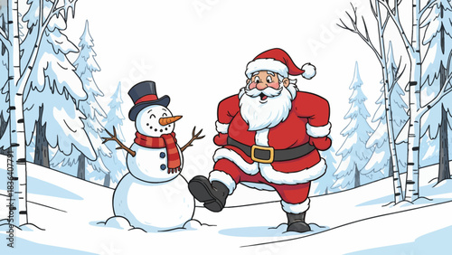 Santa walks beside a snowman in a snowy Scandinavian forest with soft northern light and tall frosty trees forming a magical Christmas scene