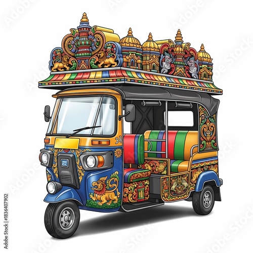 Vibrantly decorated auto rickshaw adorned with intricate temple-inspired motifs, a cultural icon of South Asia