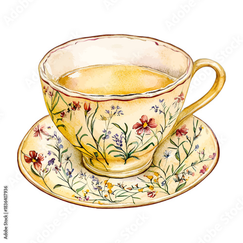 Vintage Floral Teacup and Saucer Vector Clipart Illustration
