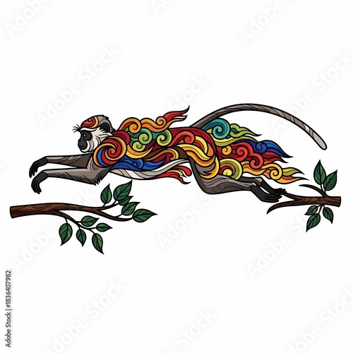 Vibrant monkey leaps dynamically through jungle canopy with colorful flowing patterns symbolizing energy and freedom