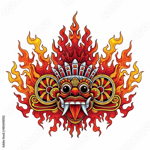 Vibrant, fierce Balinese Rangda mask with fiery aura embodies powerful spirit and ancient cultural mystique