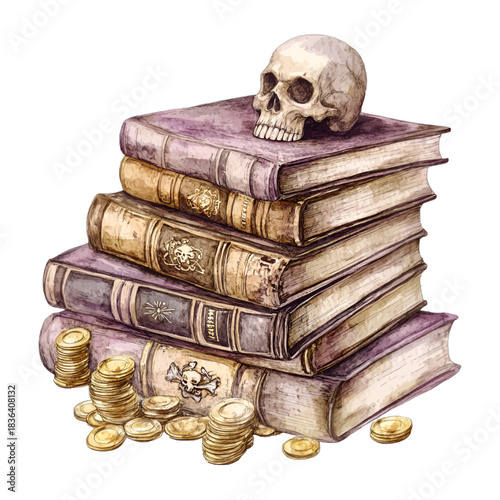 Vintage Magic Spellbook Stack Clipart with Skull and Gold Coins
