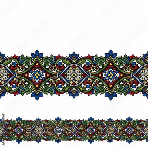 Vibrant, intricate floral border pattern with rich red, blue, and green detailing, perfect for elegant design accents and decorative elements.