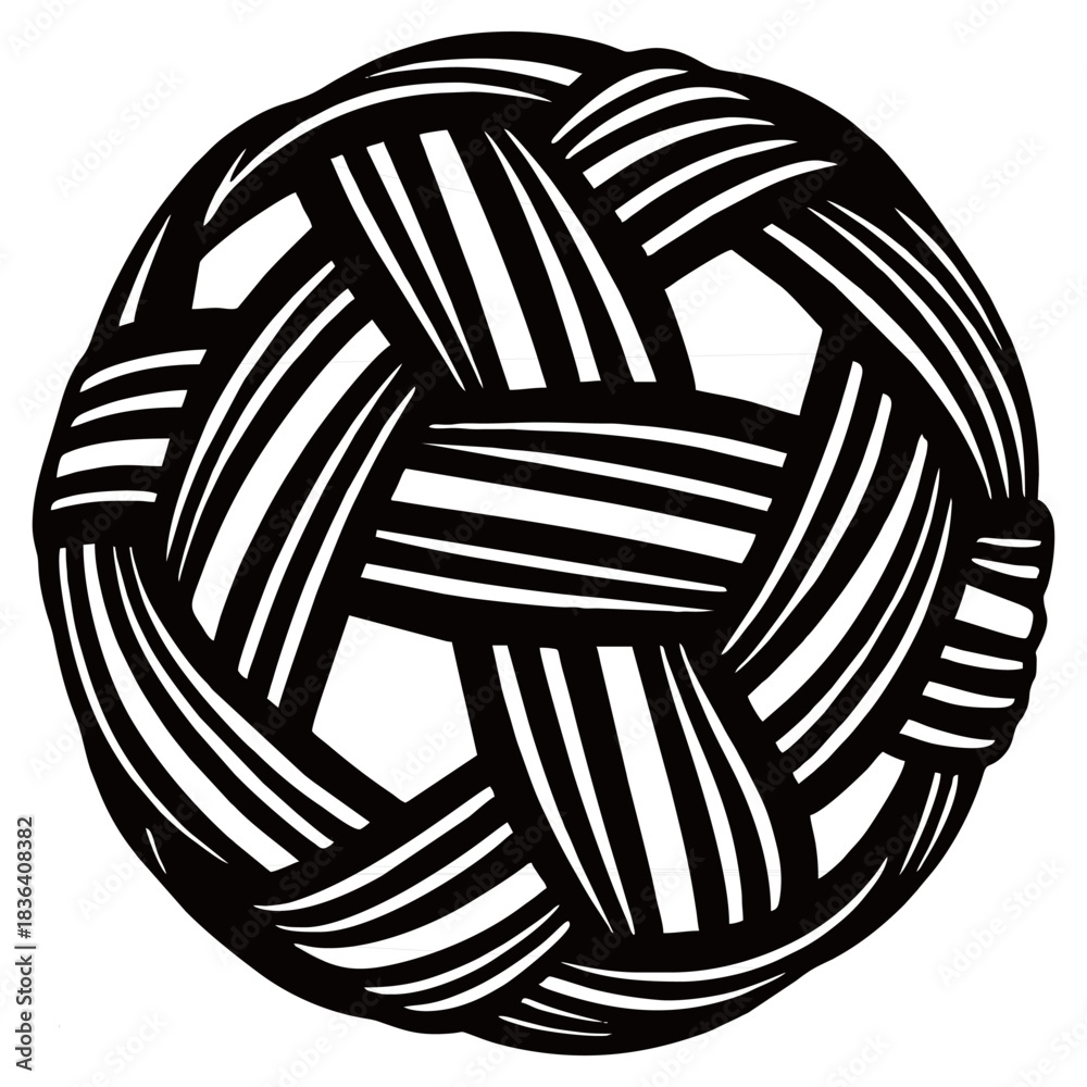 Fototapeta premium Traditional black and white Sepak Takraw woven rattan ball icon, representing Southeast Asian culture, sports, martial arts, and unique athletic competition