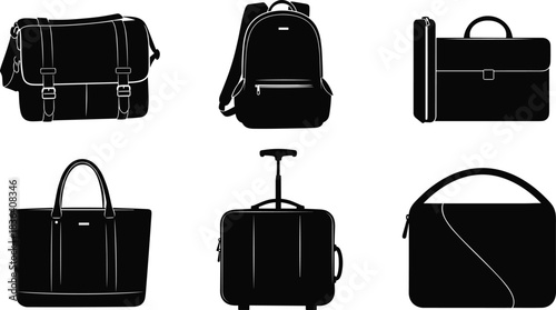 Bag silhouette collection featuring backpack, duffel bag, briefcase, tote bag, luggage and laptop sleeve icons for modern travel and office design