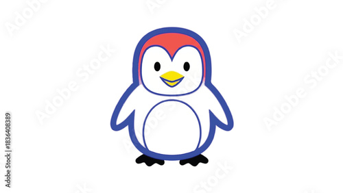 Cute Cartoon Penguin Illustration with Red Head and Blue Outline.