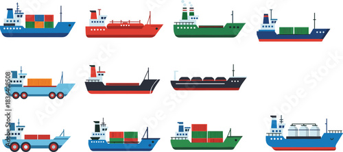 Colorful cargo ship vector set featuring container vessels, tanker ships and freight boats for global shipping, maritime transport and logistics design elements