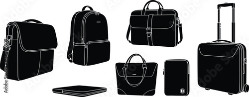 Modern bag silhouette collection featuring backpack, messenger bag,  sleeve and rolling luggage icons for branding, illustration, designModern bakpack, messenger bag, briefcase, to, design