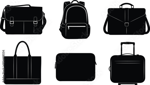 Modern bag silhouette collection showing backpack, messenger bag, briefcase, tote bag, laptop sleeve and rolling luggage icons for branding, design